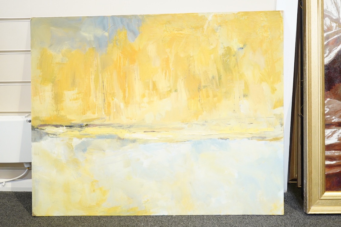 Billie Newey (contemporary), Abstract landscapes, two oils on board, unsigned, unframed, largest 61 x 75cm